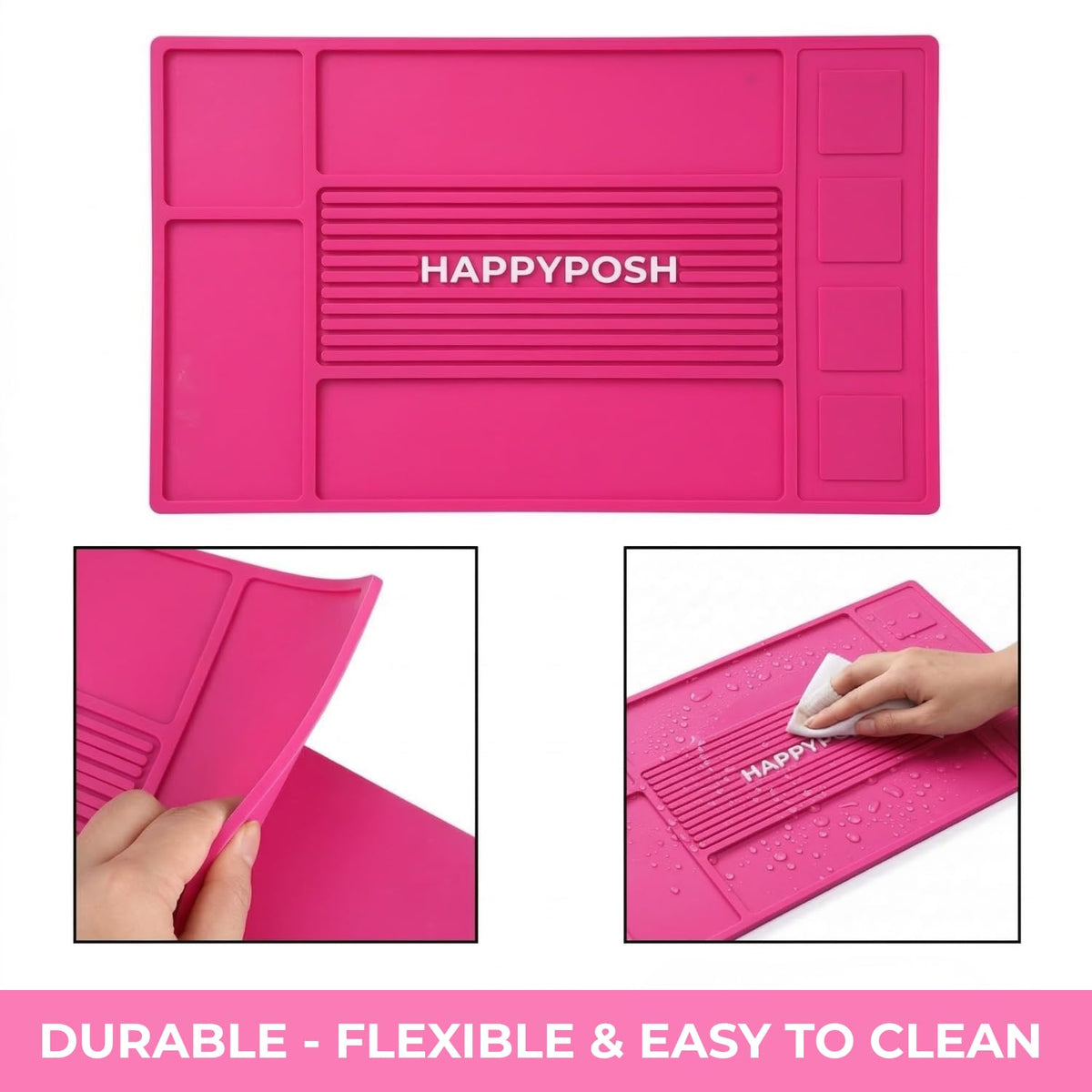 HAPPYPOSH Compact pink station mat fits barbershop desks and salons.