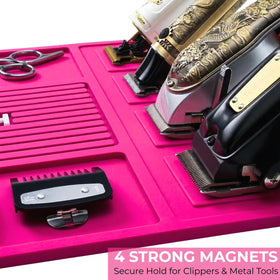 HAPPYPOSH Pink barber mat shows organized tool area for clippers and accessories.
