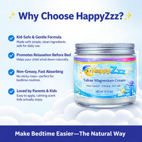 HappyZzz Organic Magnesium Lotion for Kids application shows a calm bedtime massage.