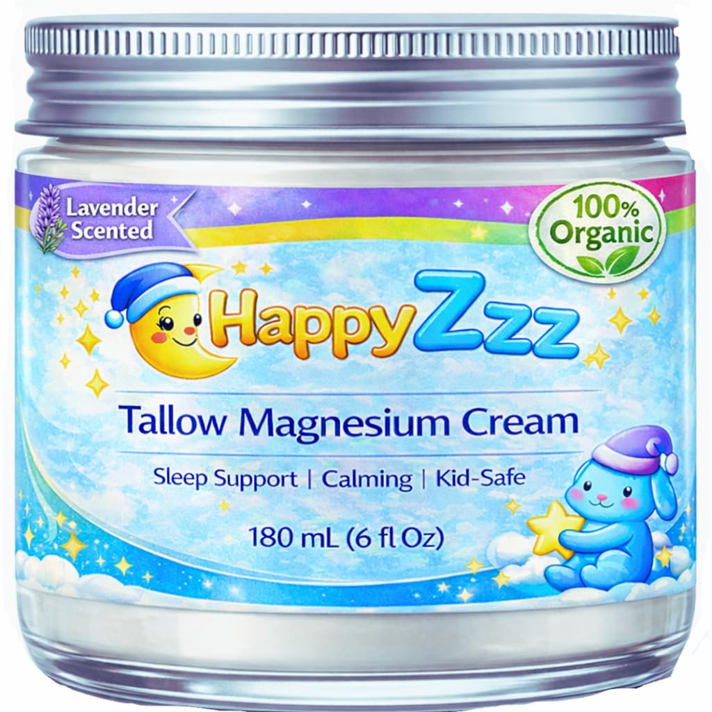 HappyZzz Organic Magnesium Lotion for Kids bottle promotes gentle evening relaxation.