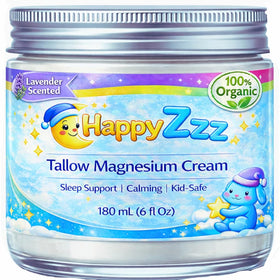HappyZzz Organic Magnesium Lotion for Kids bottle promotes gentle evening relaxation.