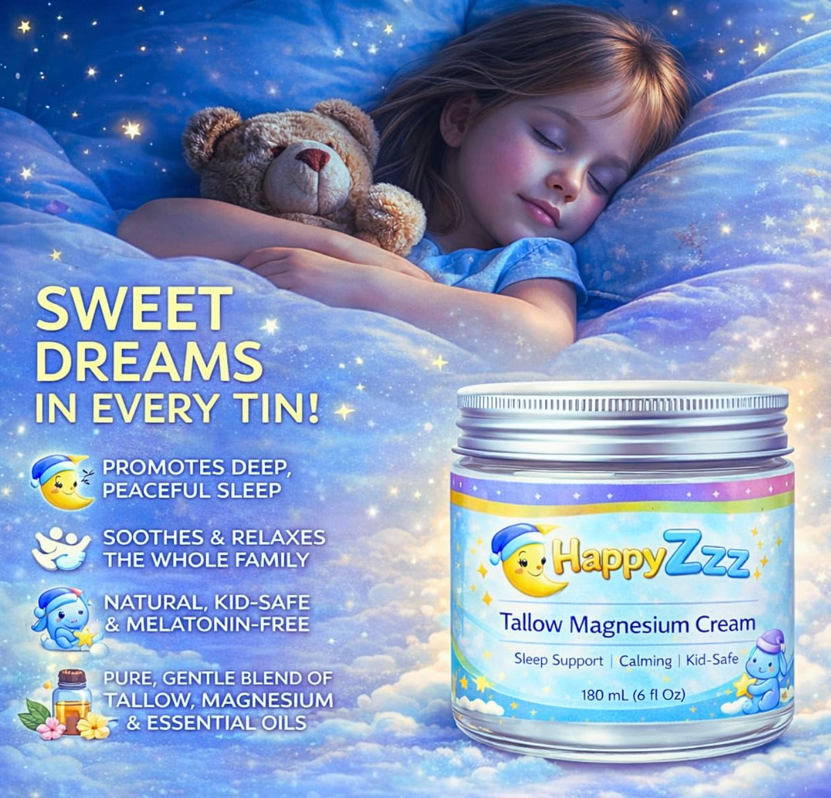 HappyZzz packaging closeup emphasizes organic ingredients and kid-safe formula.