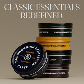 Hardworking Gentlemen hair paste texture hands illustrates smooth spreading for even hold.