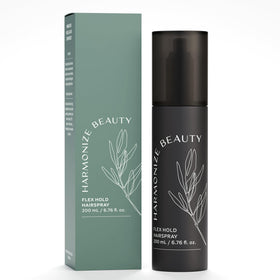 Harmonize Beauty Flex Hold bottle showing non-aerosol formula for flexible all-day styling.