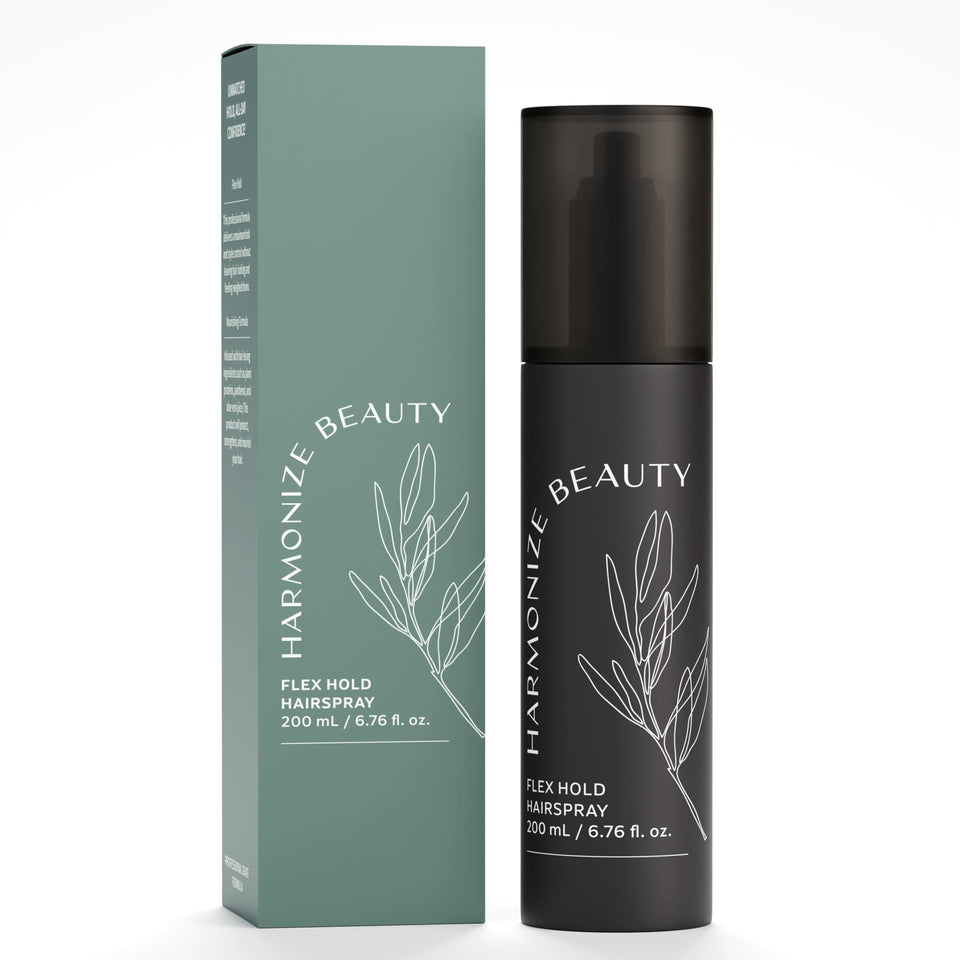 Harmonize Beauty Flex Hold bottle showing non-aerosol formula for flexible all-day styling.