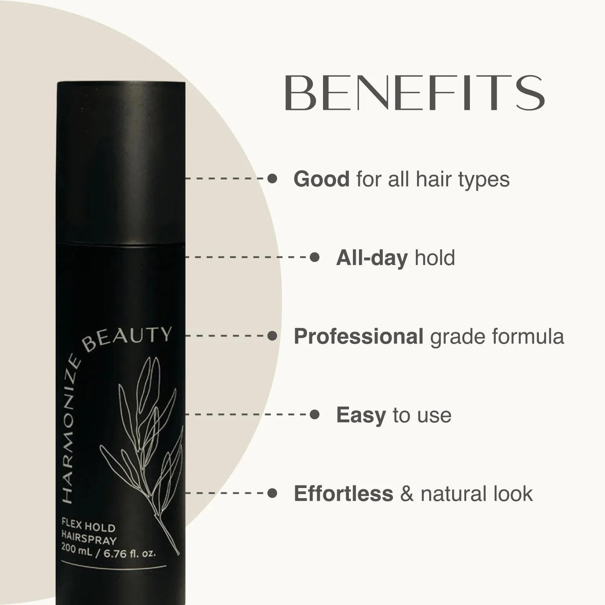 Close-up of Harmonize Beauty Flex Hold spray pattern for lightweight, buildable hold.
