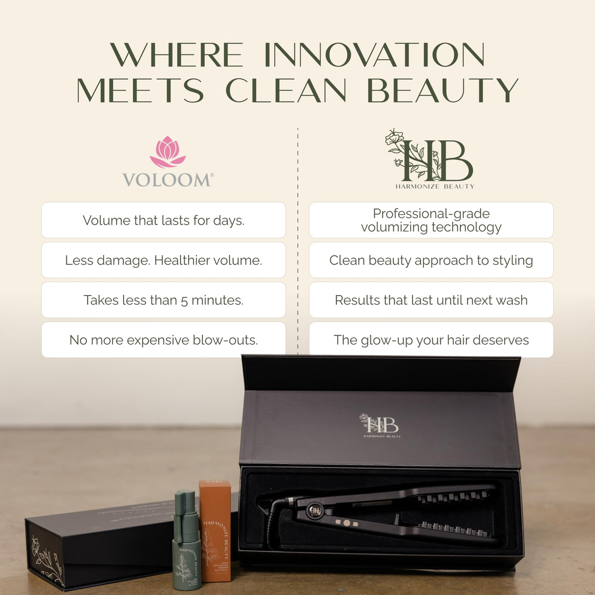 Harmonize Beauty VOLOOM adjustable heat settings for controlled styling.
