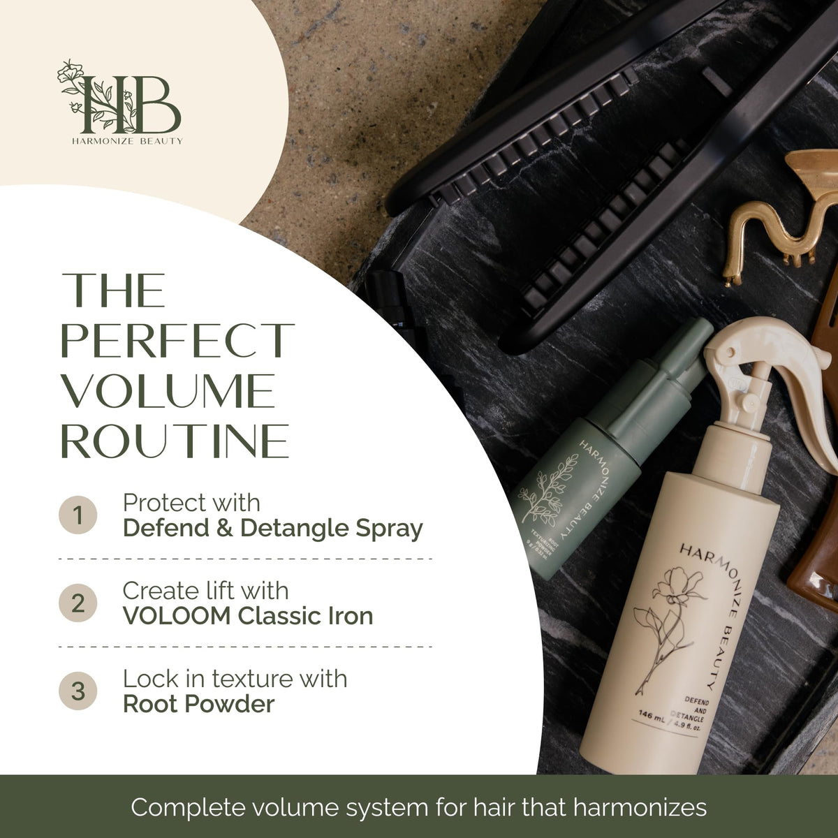 Harmonize Beauty VOLOOM instantly lifts hair for voluminous look.