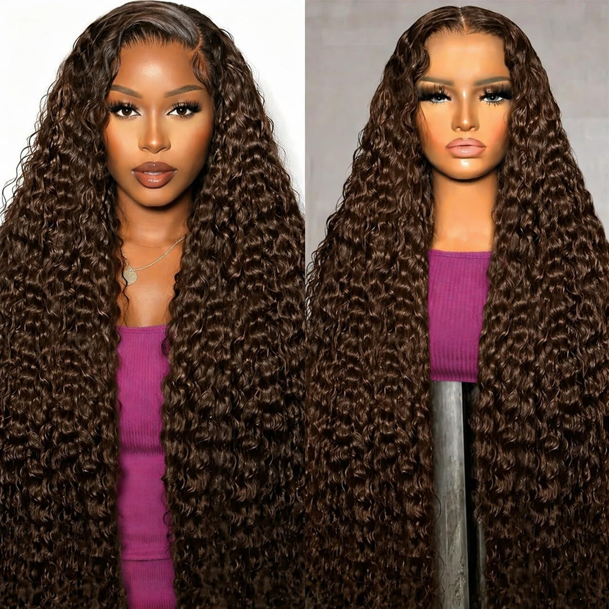 Harmsh chocolate brown deep wave lace front wig showing full length for daily wear