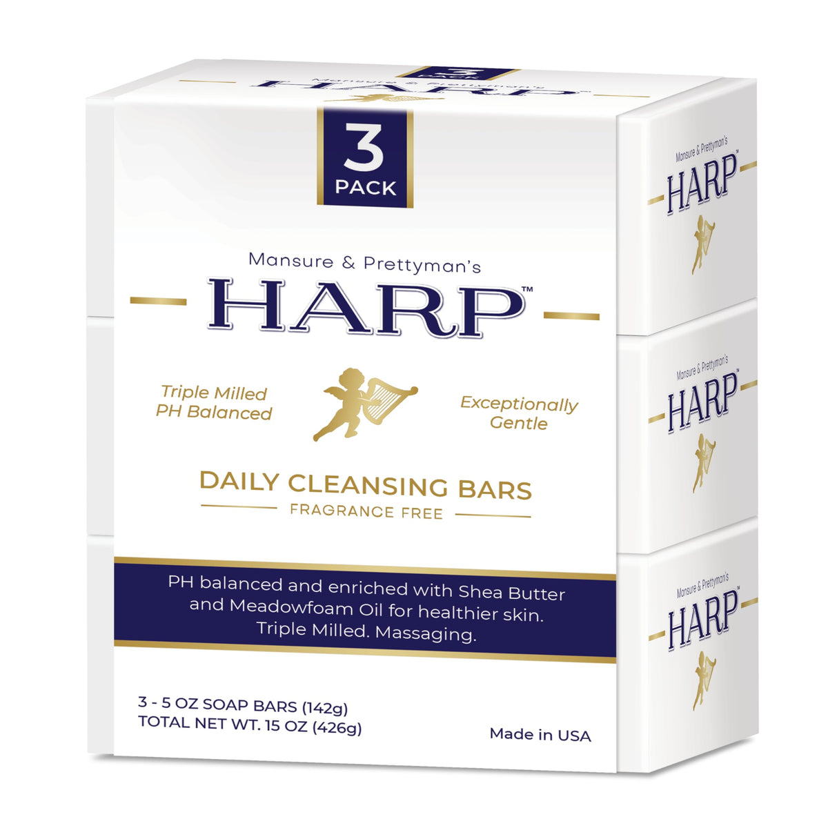 Mansure Prettyman's HARP fragrance-free body wash bar for sensitive skin, gentle cleansing.