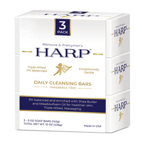 Mansure Prettyman's HARP fragrance-free body wash bar for sensitive skin, gentle cleansing.