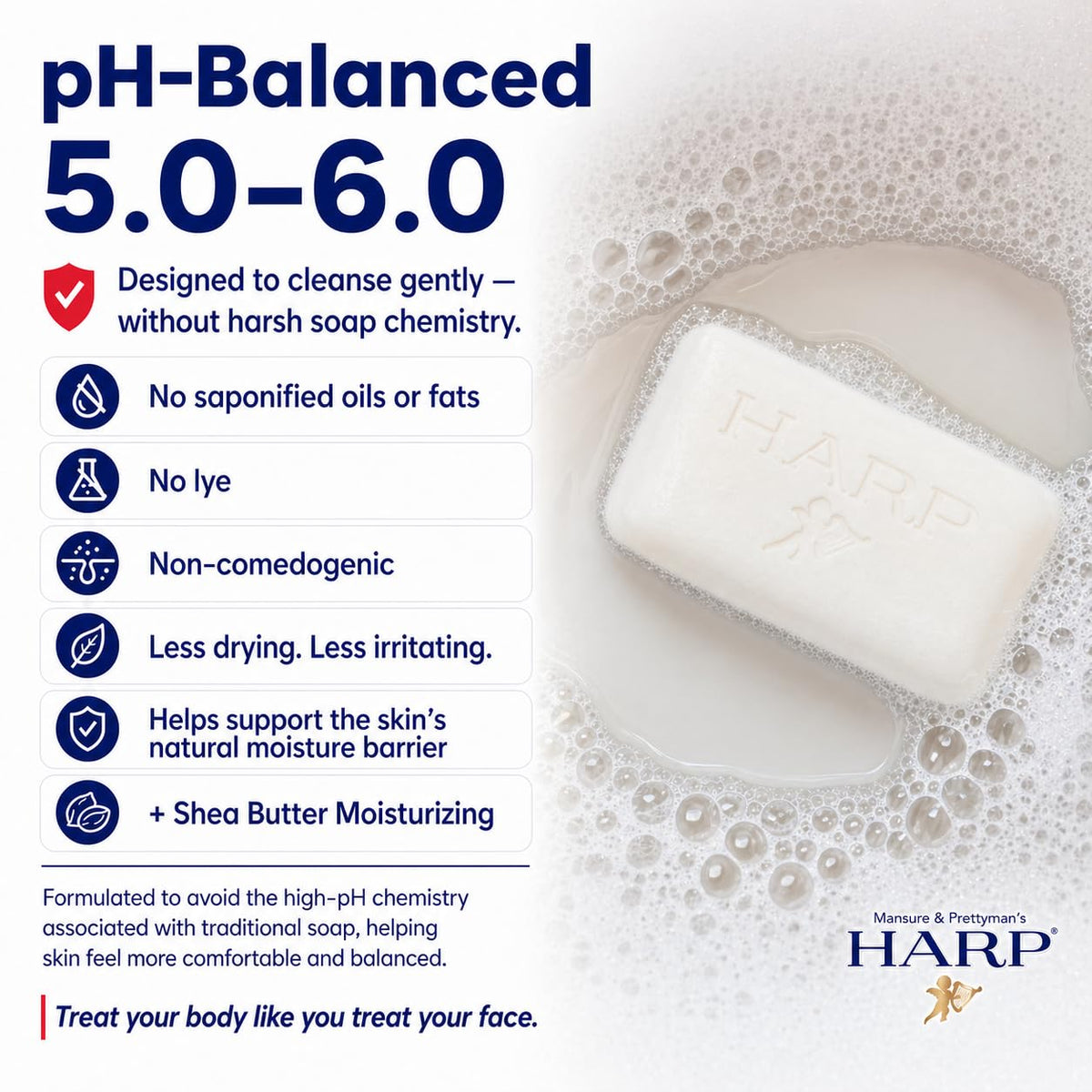 HARP soap-free, no lye formula designed for delicate daily cleansing.