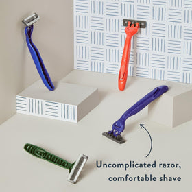 Harry's razor with lubricating strip close-up indicating smooth glide