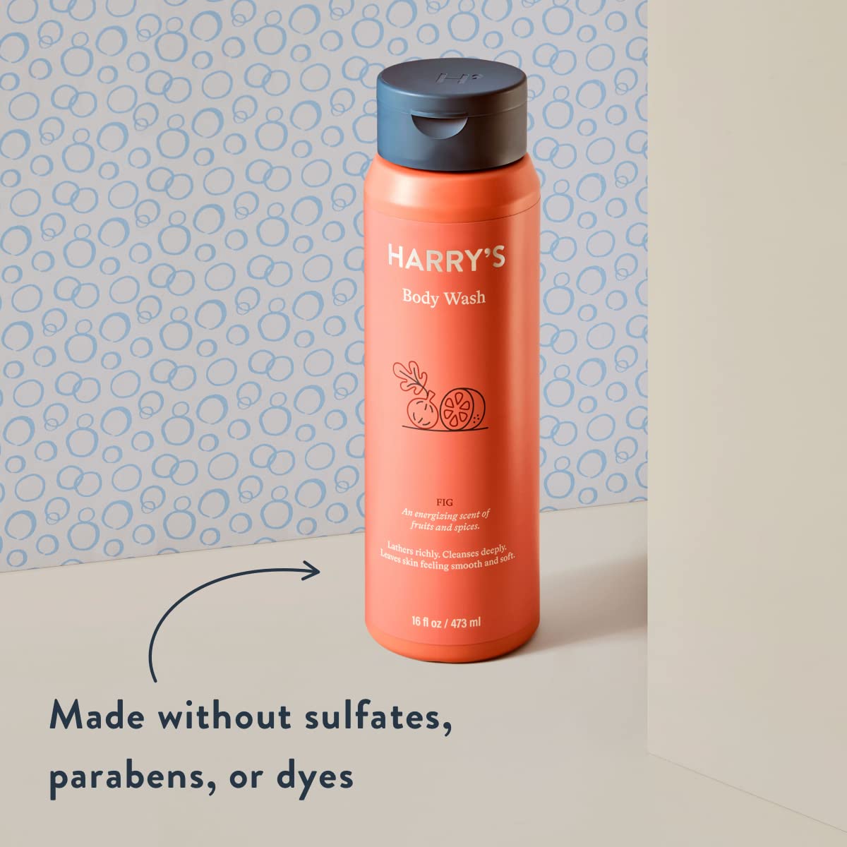 Harry's Fig Body Wash scent notes: fig, cardamom, blood orange aroma.
