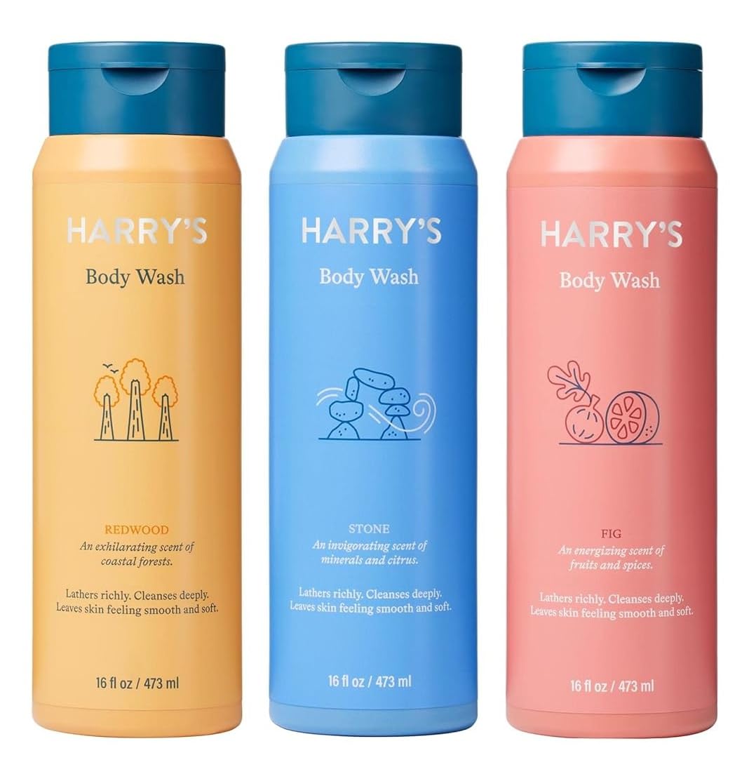 Harry's body wash Stone bottle highlights citrus and mineral notes for a refreshing morning cleanse.