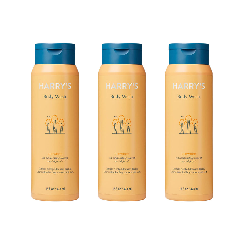 Harry's Redwood body wash bottle pour shows easy, mess-free application for a refreshing shower