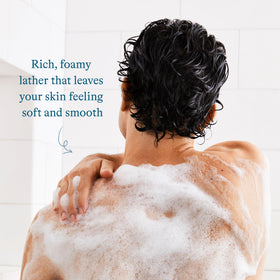 Harry's Redwood body wash foam lather demonstrates rich cleansing for soft, clean skin after showering
