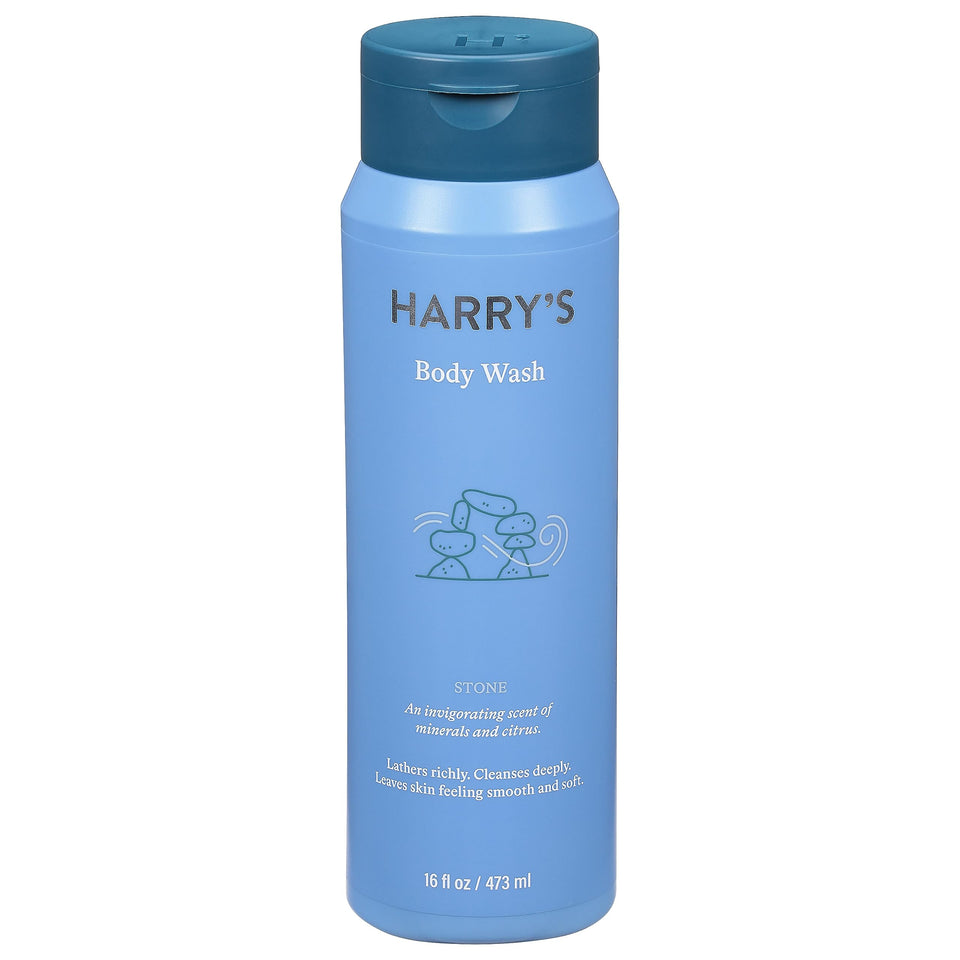 Harry's Stone Body Wash bottle showing 16 oz size for gentle, sulfate-free cleansing