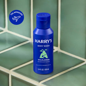 Close-up of Harry's Wildlands travel bottle for gym bag use