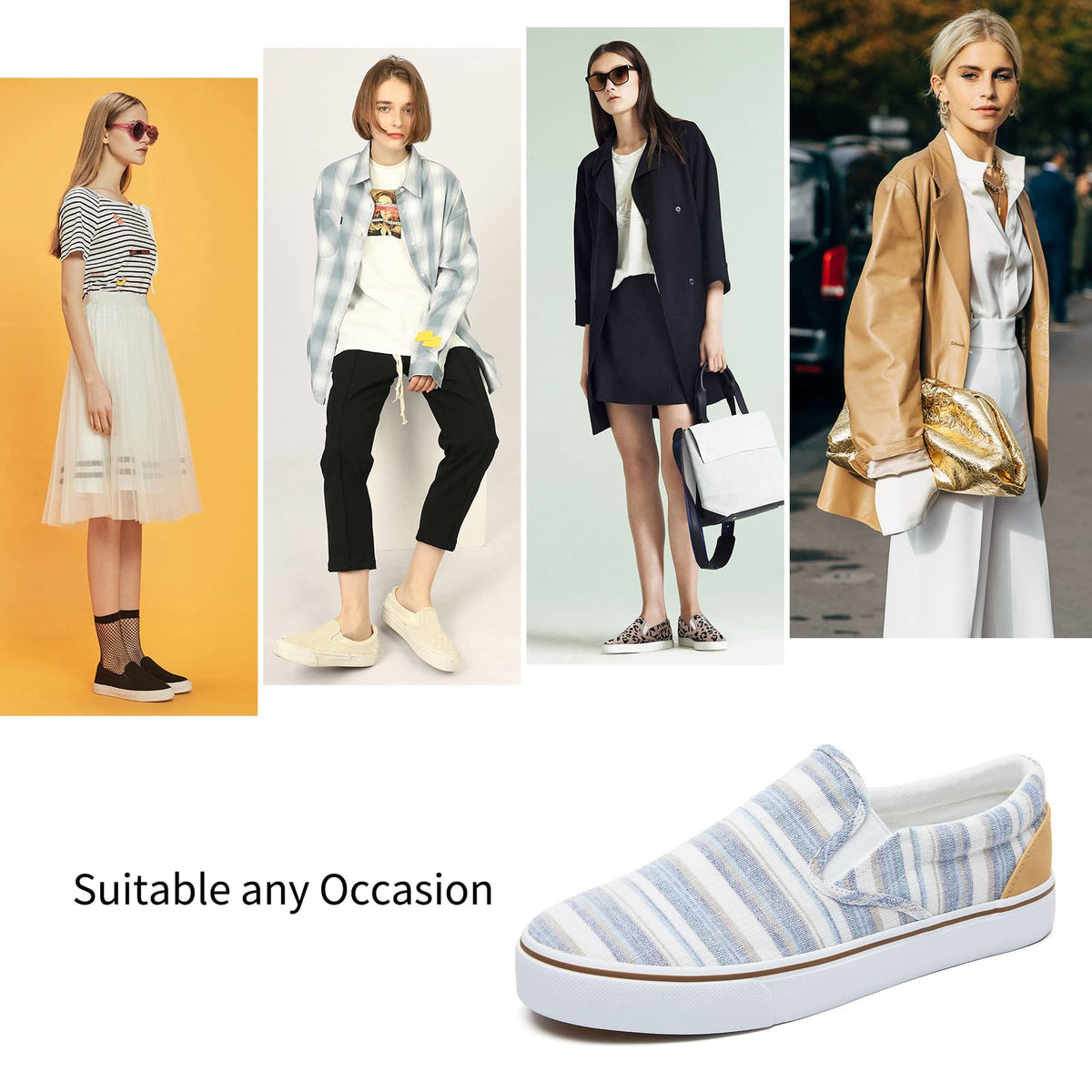 Hash Bubbie slip-ons with light blue stripes pair with jeans for casual office looks