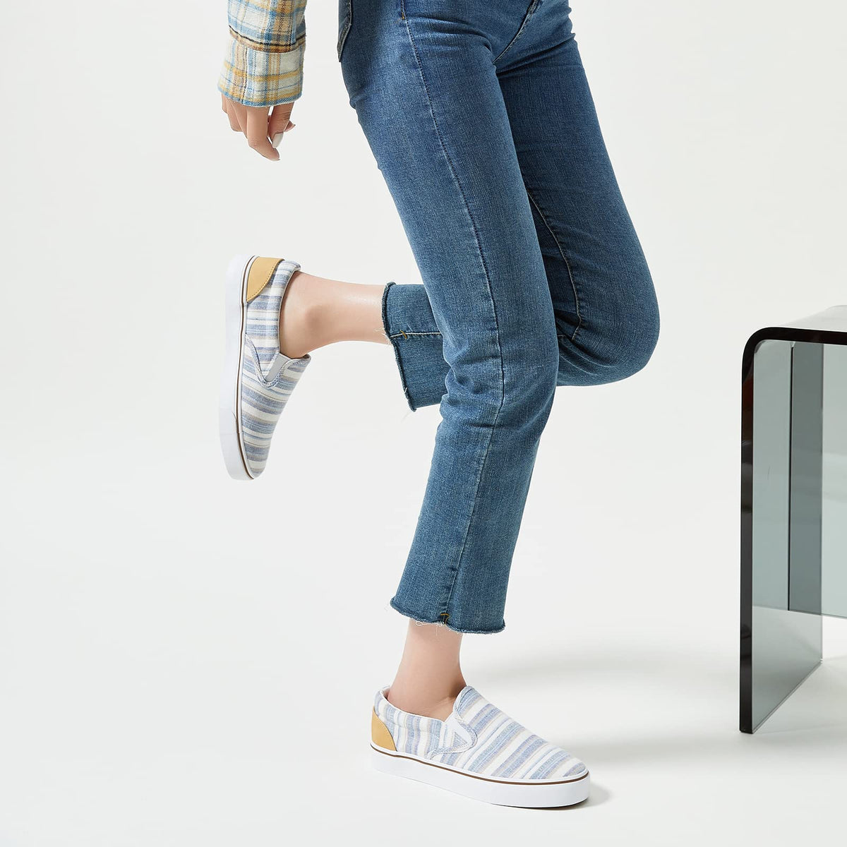Hash Bubbie slip-ons with light blue stripes suit travel and daily errands with easy maintenance