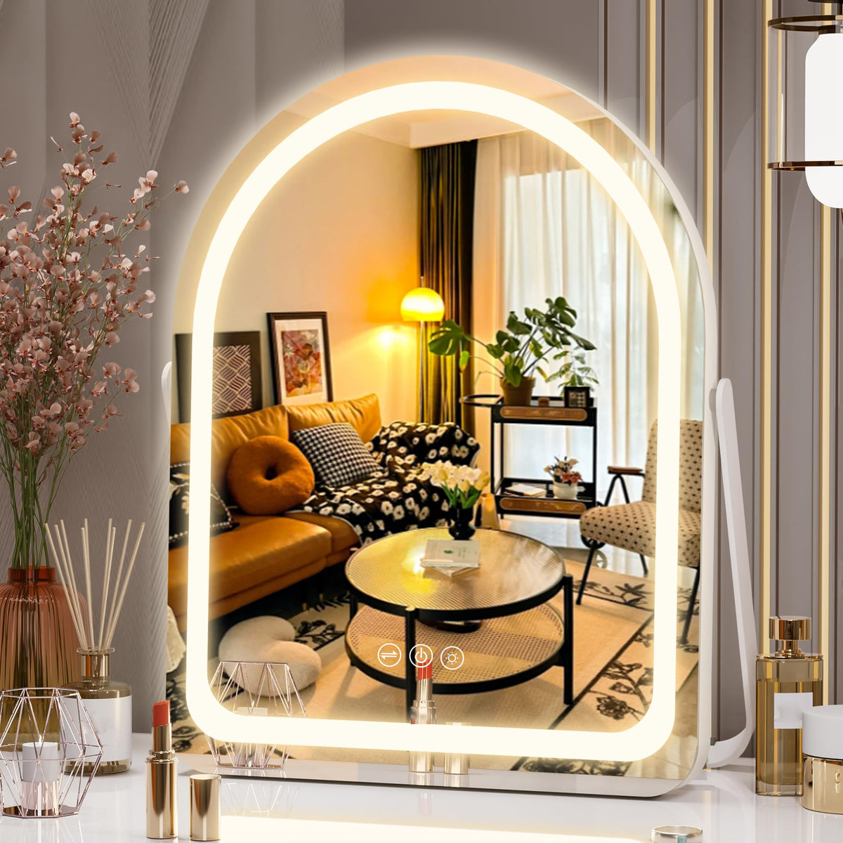 Hasipu vanity mirror arch with lights for full-face visibility during makeup