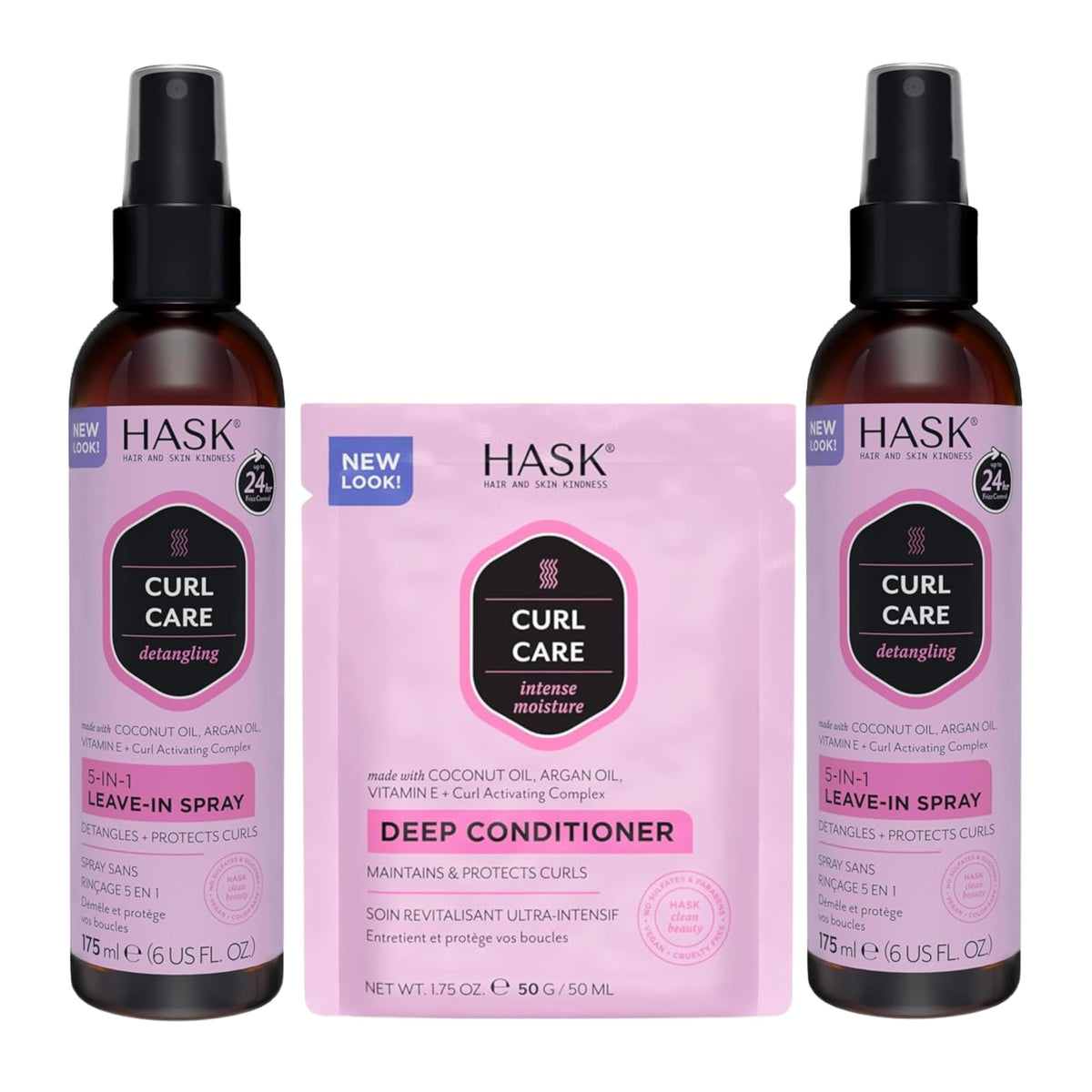 HASK 5-in-1 Leave-In bottle close-up shows color-safe, frizz-control formula for all hair types.