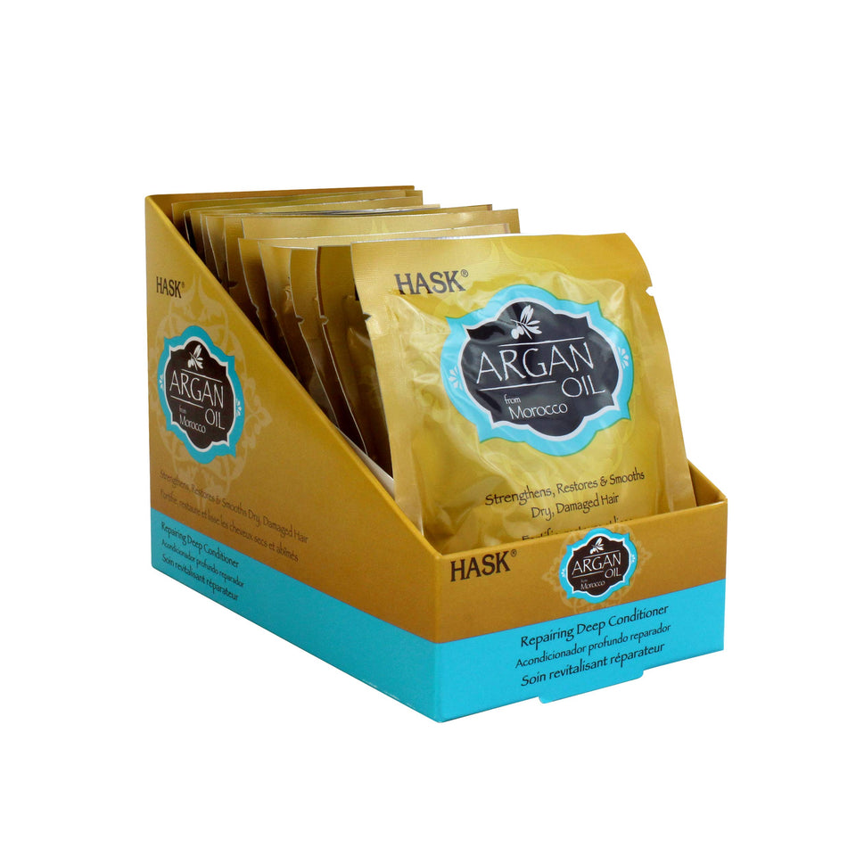HASK Argan Repairing Deep Conditioner bottle close-up showing moisturizer for dry hair
