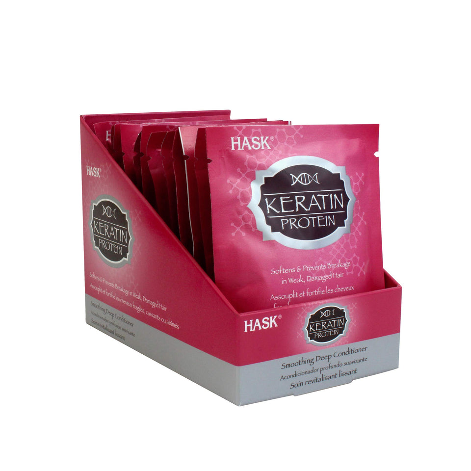 HASK Keratin Smoothing Deep Conditioner bottle showing smooth, frizz-free potential