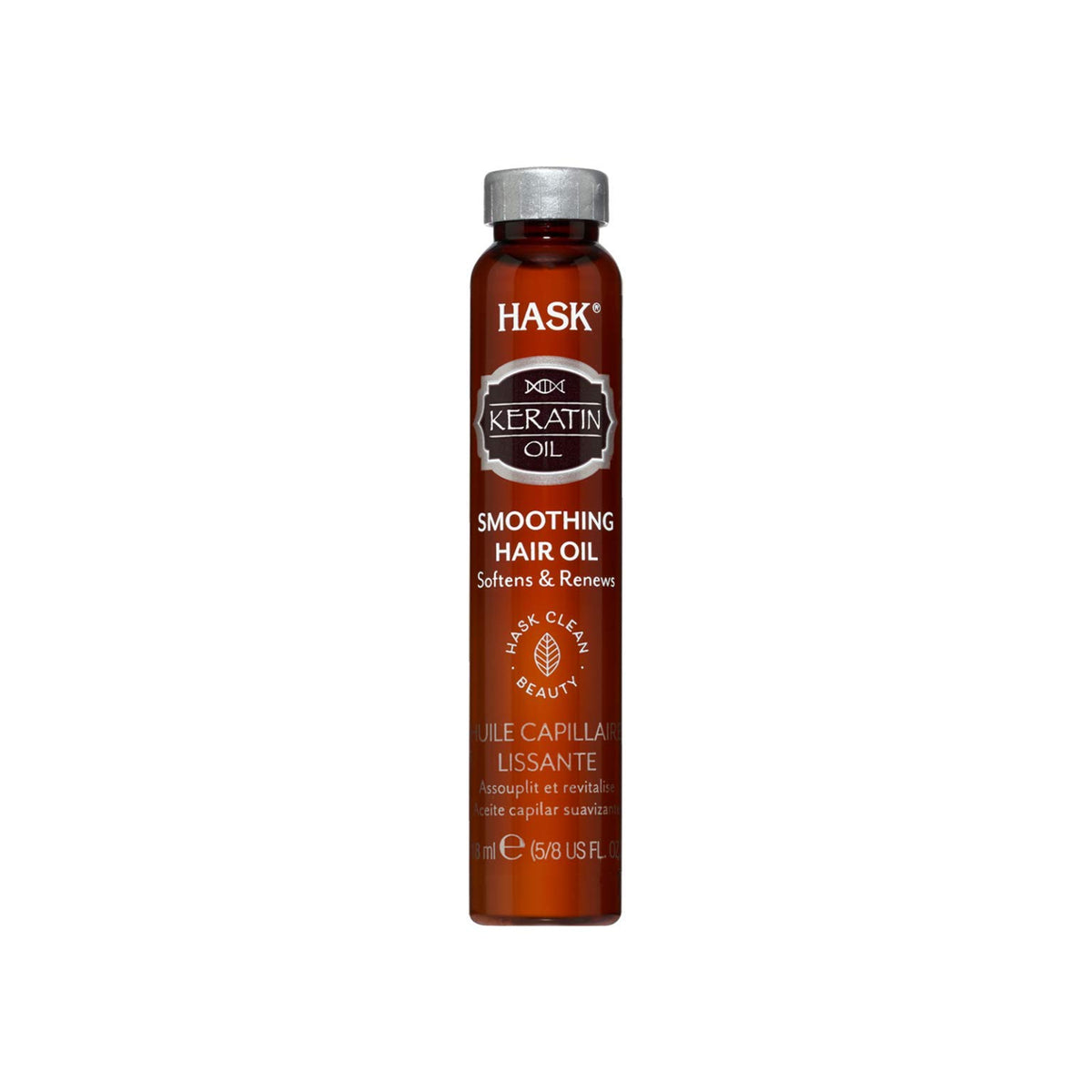 HASK Keratin Vials Shine Oil bottle with easy-dispense action for smooth, frizz-free hair.