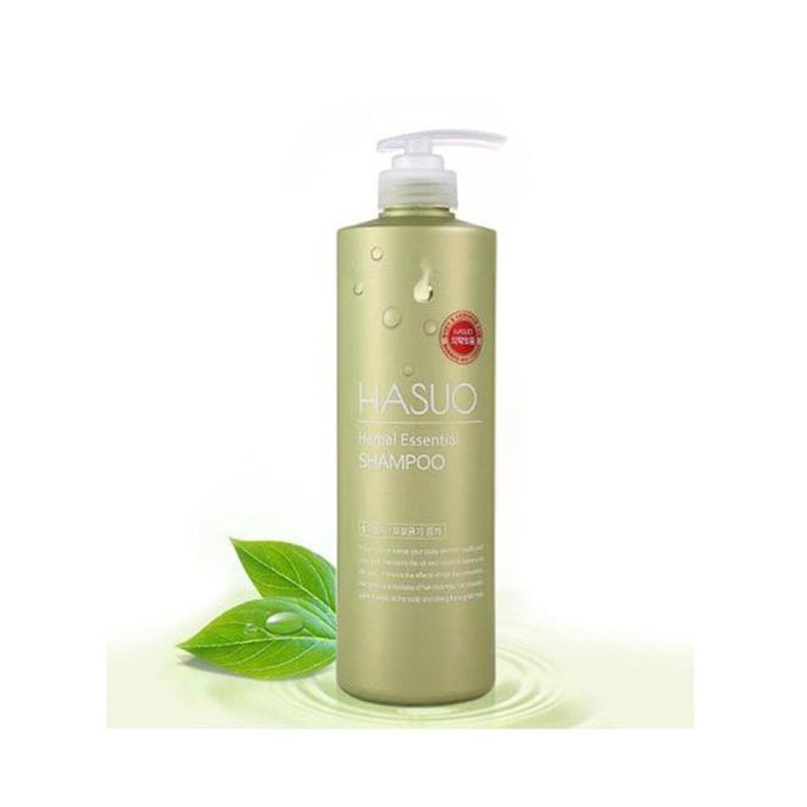 Hasuo Herbal Essential Shampoo bottle highlights the herbal blend for refreshed scalp care.