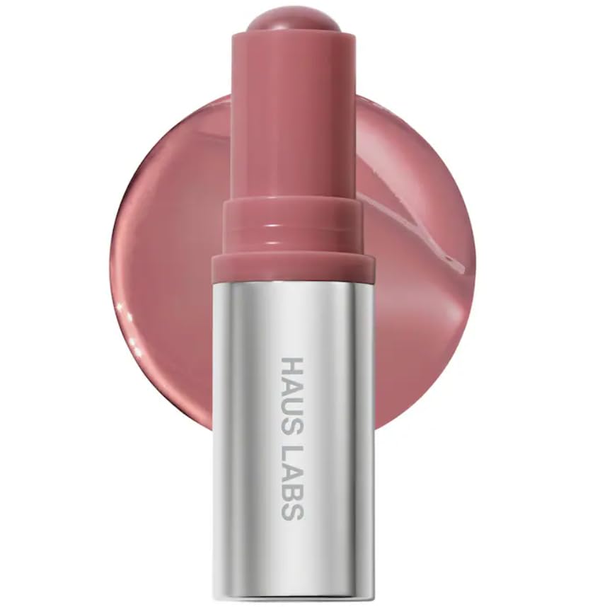 HAUS LABS Color Fuse Balm Stick in Glassy Hibiscus showing buildable color and glassy finish
