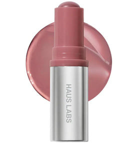 HAUS LABS Color Fuse Balm Stick in Glassy Hibiscus showing buildable color and glassy finish