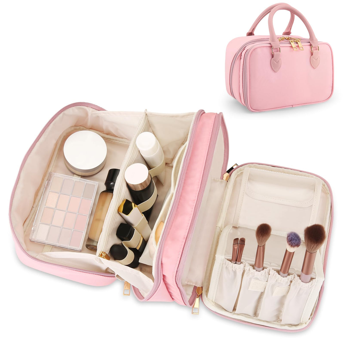 HauteHues travel makeup bag opened flat in pink for easy access and organization.