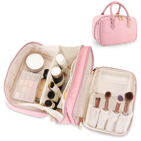 HauteHues travel makeup bag opened flat in pink for easy access and organization.
