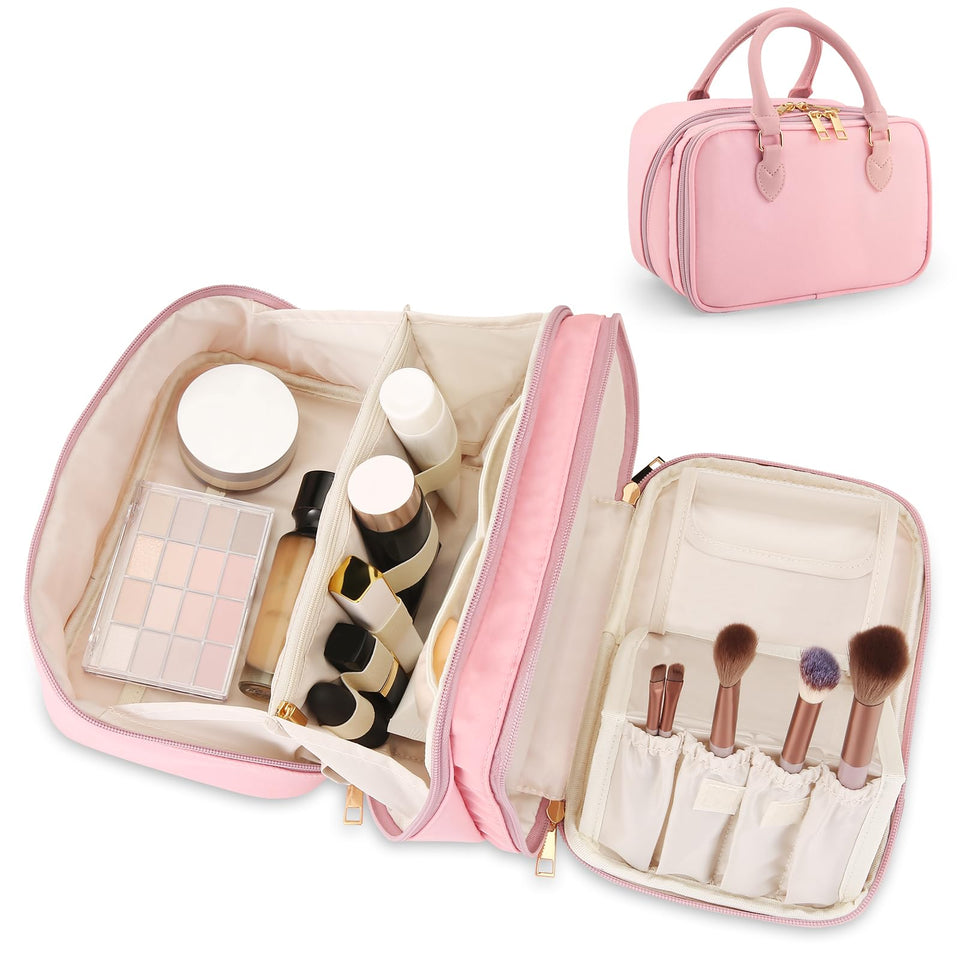 HauteHues travel makeup bag opened flat in pink for easy access and organization.