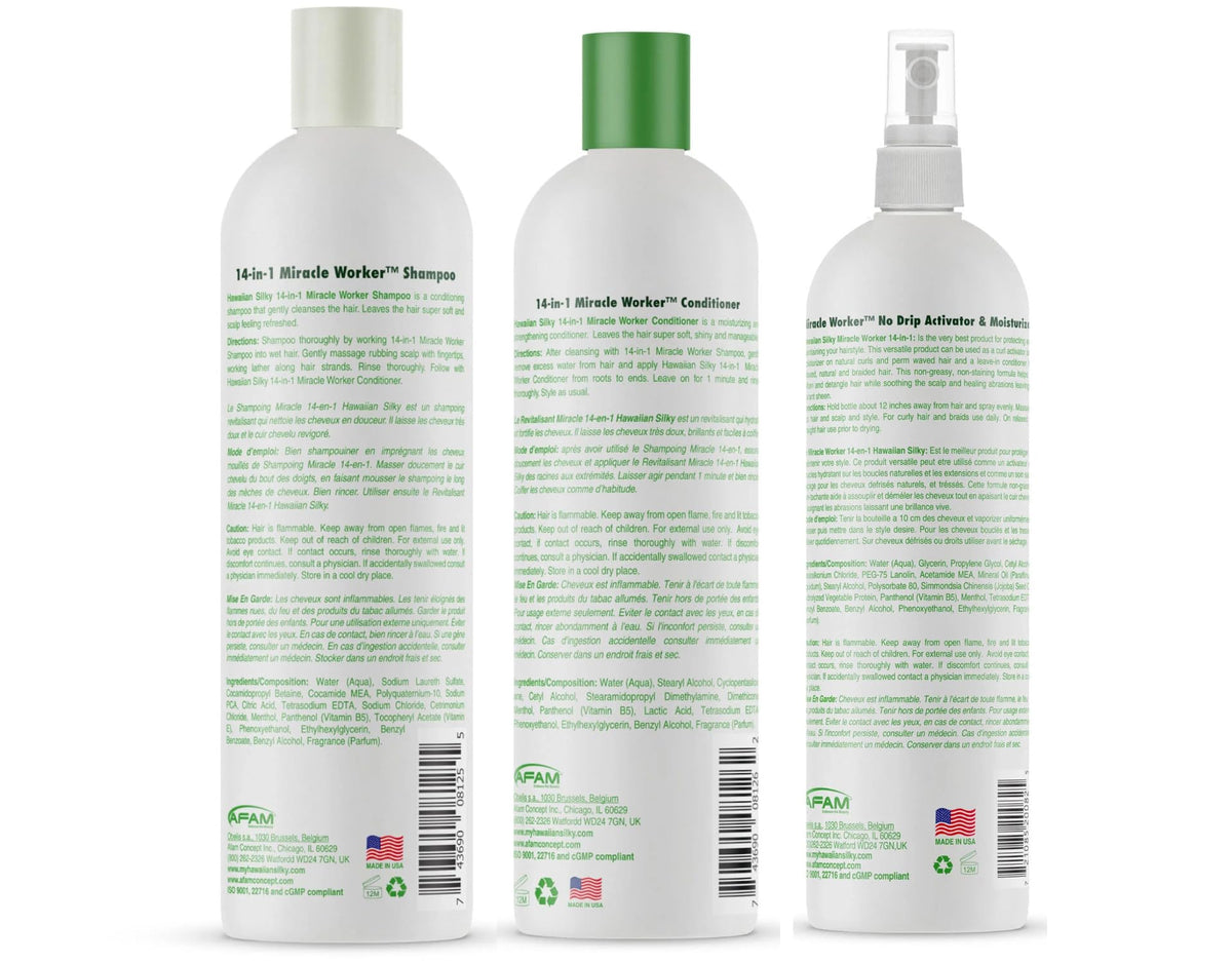 Hawaiian Silky 14in1 conditioner bottle emphasizes deep conditioning and frizz control.