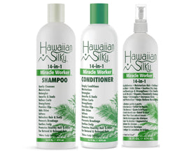 Hawaiian Silky 14in1 shampoo bottle shows cleansing power and detangling ease.