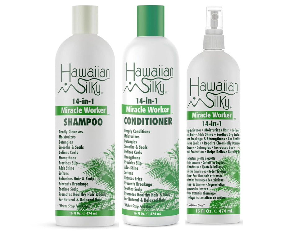 Hawaiian Silky 14in1 shampoo bottle shows cleansing power and detangling ease.