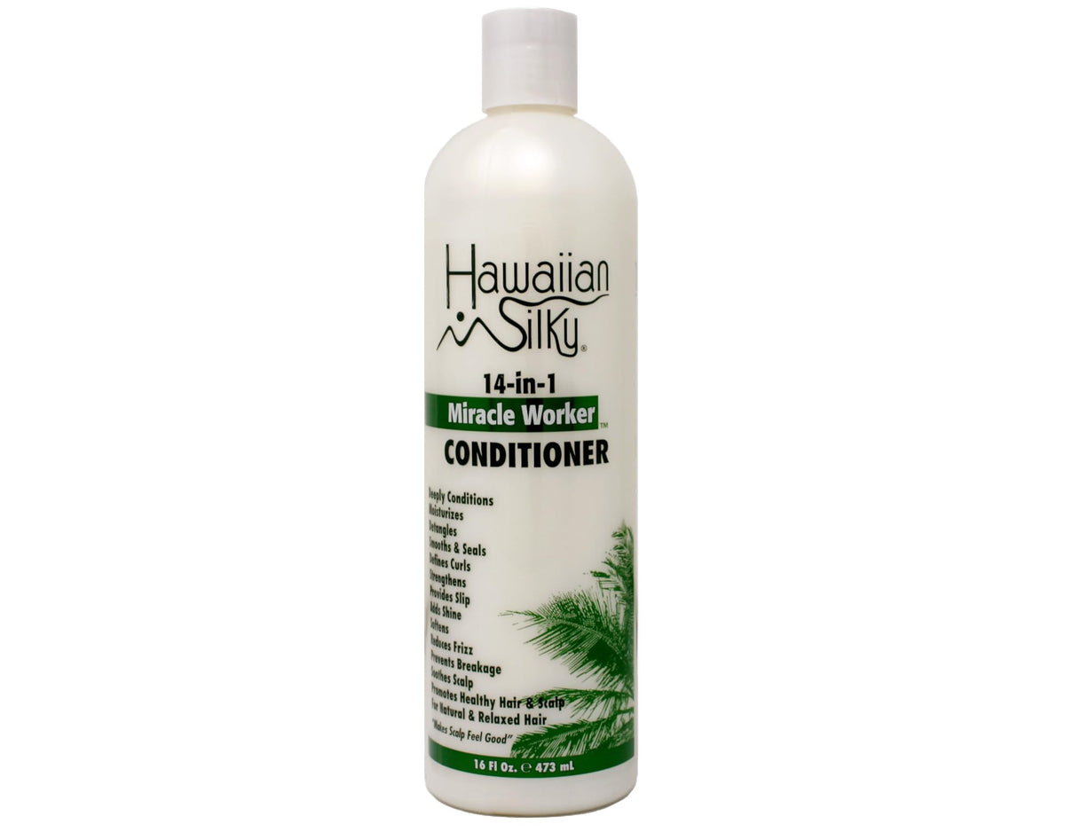 Hawaiian Silky Miracle Worker 14-in-1 bottle back label notes 14 uses
