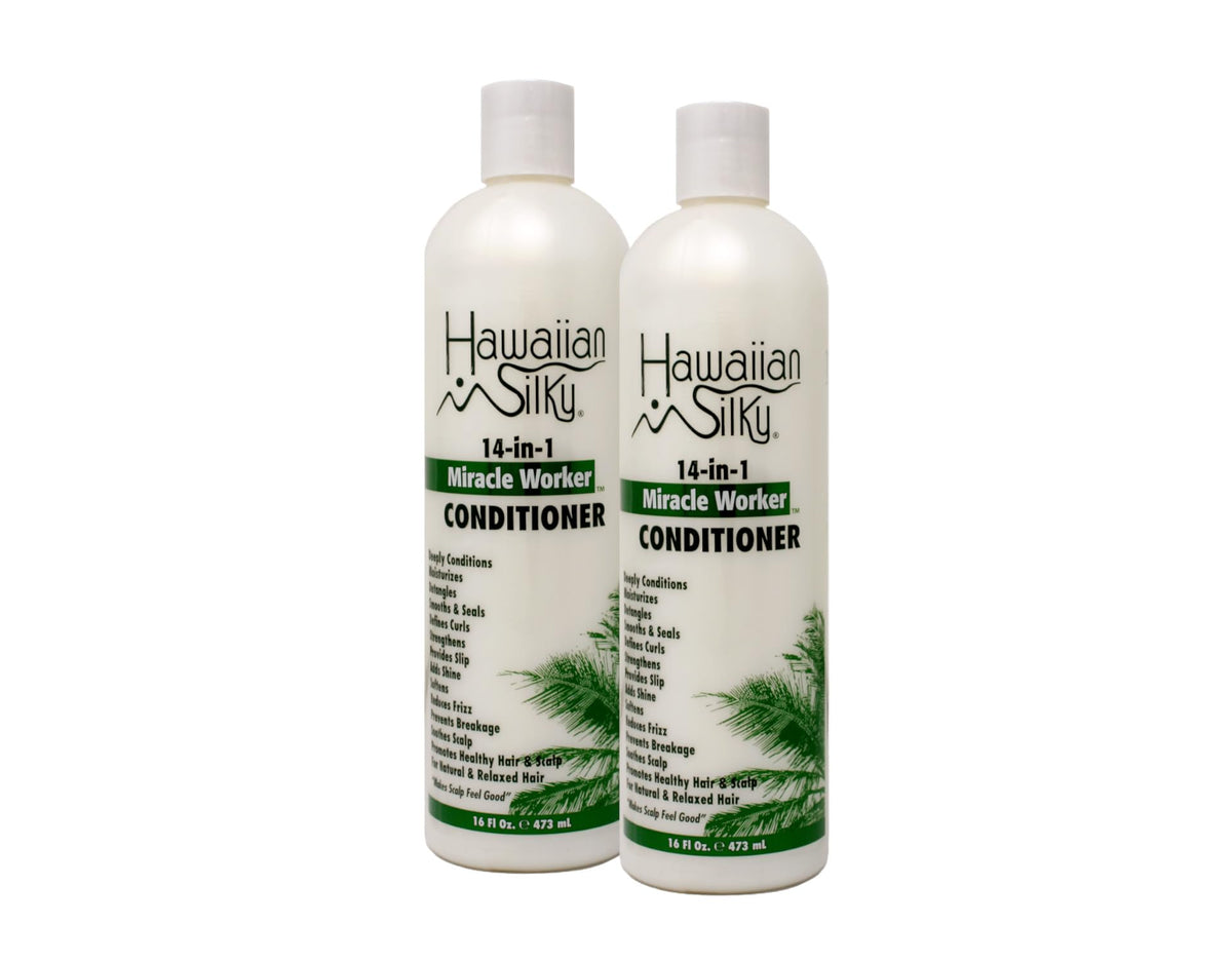 Hawaiian Silky Miracle Worker 14-in-1 bottle front with salon-grade shine