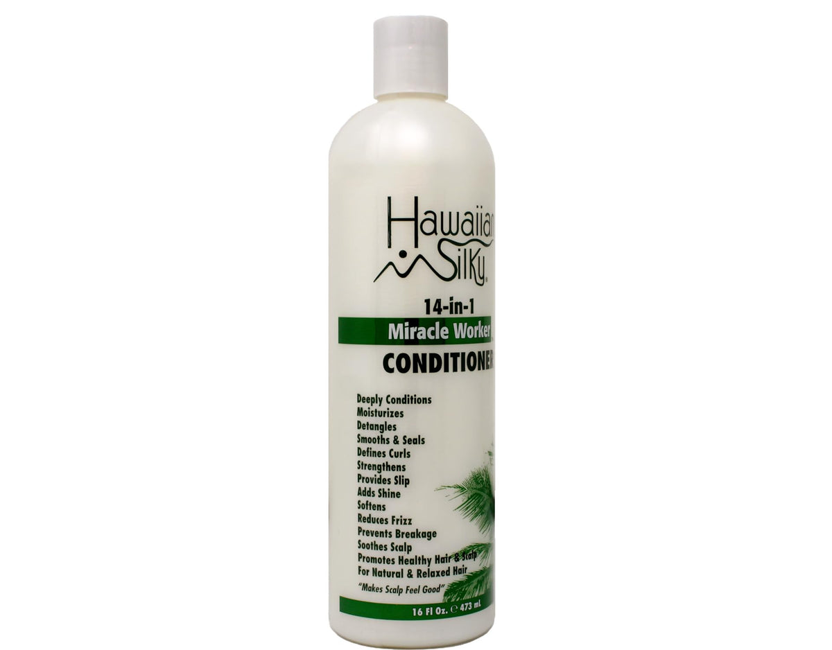 Hawaiian Silky Miracle Worker 14-in-1 conditioner texture shows smooth hair