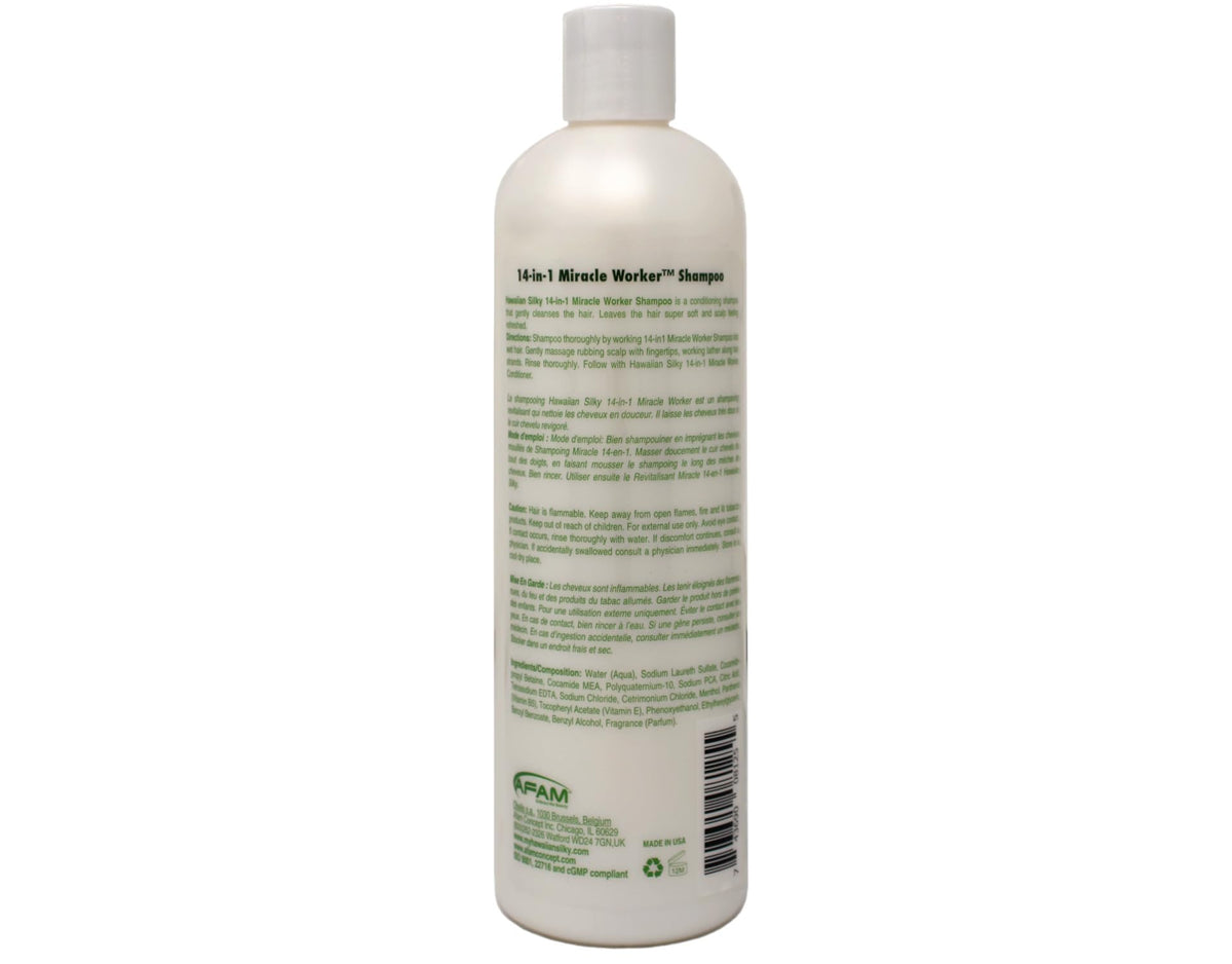 Shampoo bottle label highlights 14-in-1 benefits for versatile care