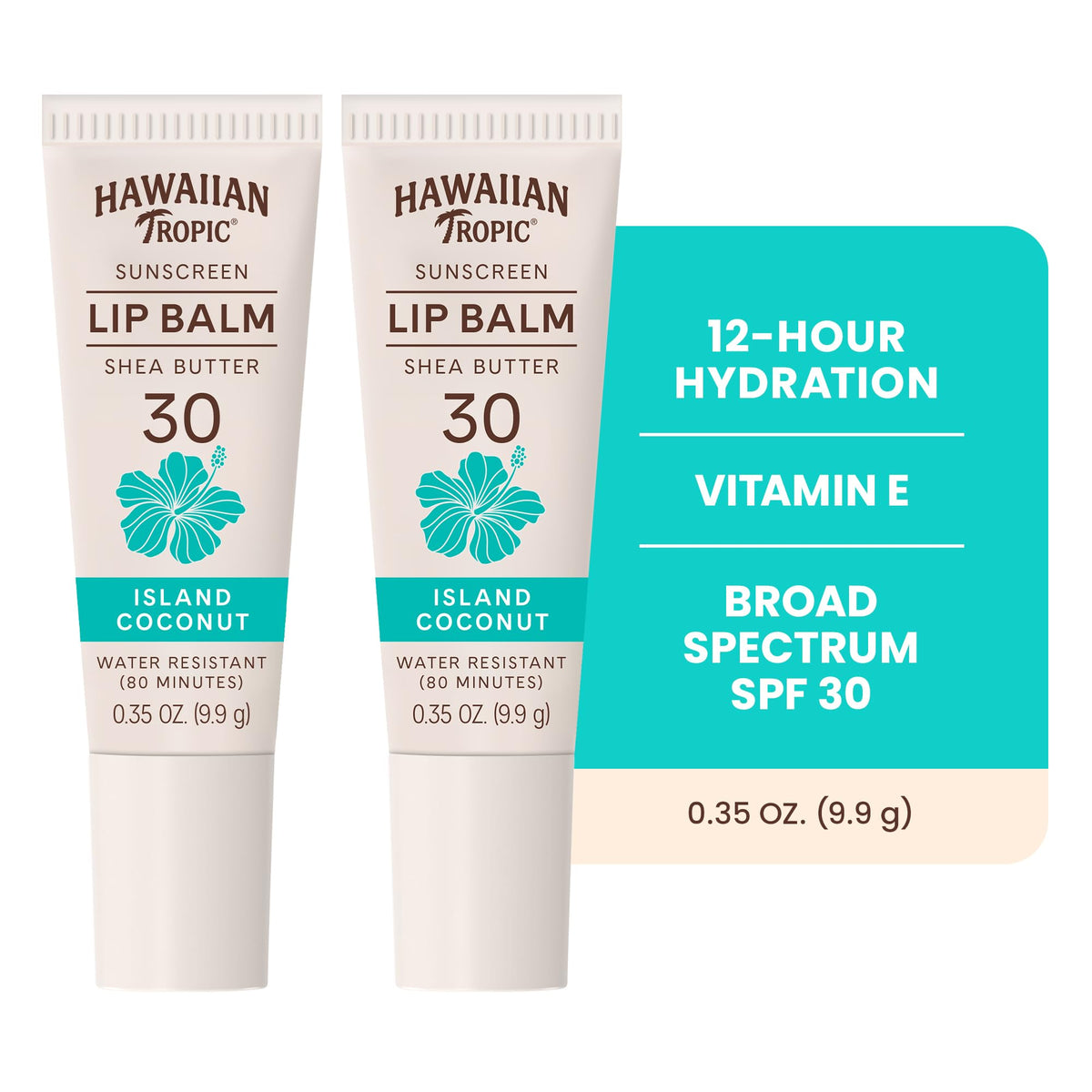 Hawaiian Tropic lip balm Island Coconut twin-pack back highlights water resistance and protection