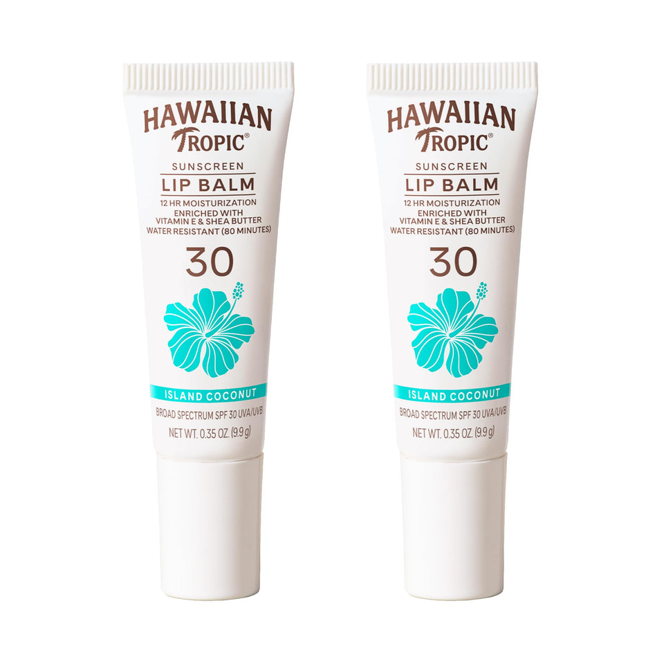 Hawaiian Tropic lip balm Island Coconut twin-pack front shows SPF 30 for hydrated lips