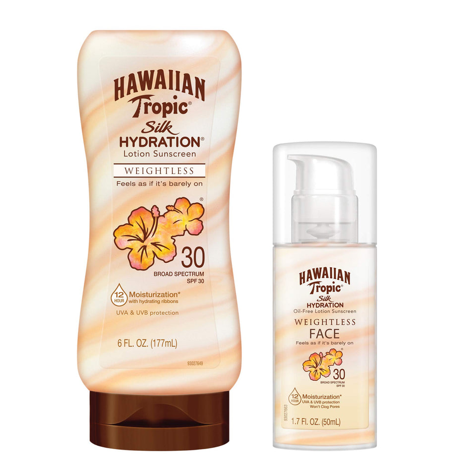 Hawaiian Tropic Silk Hydration sunscreen pack bottle closeup with SPF 30 protection.