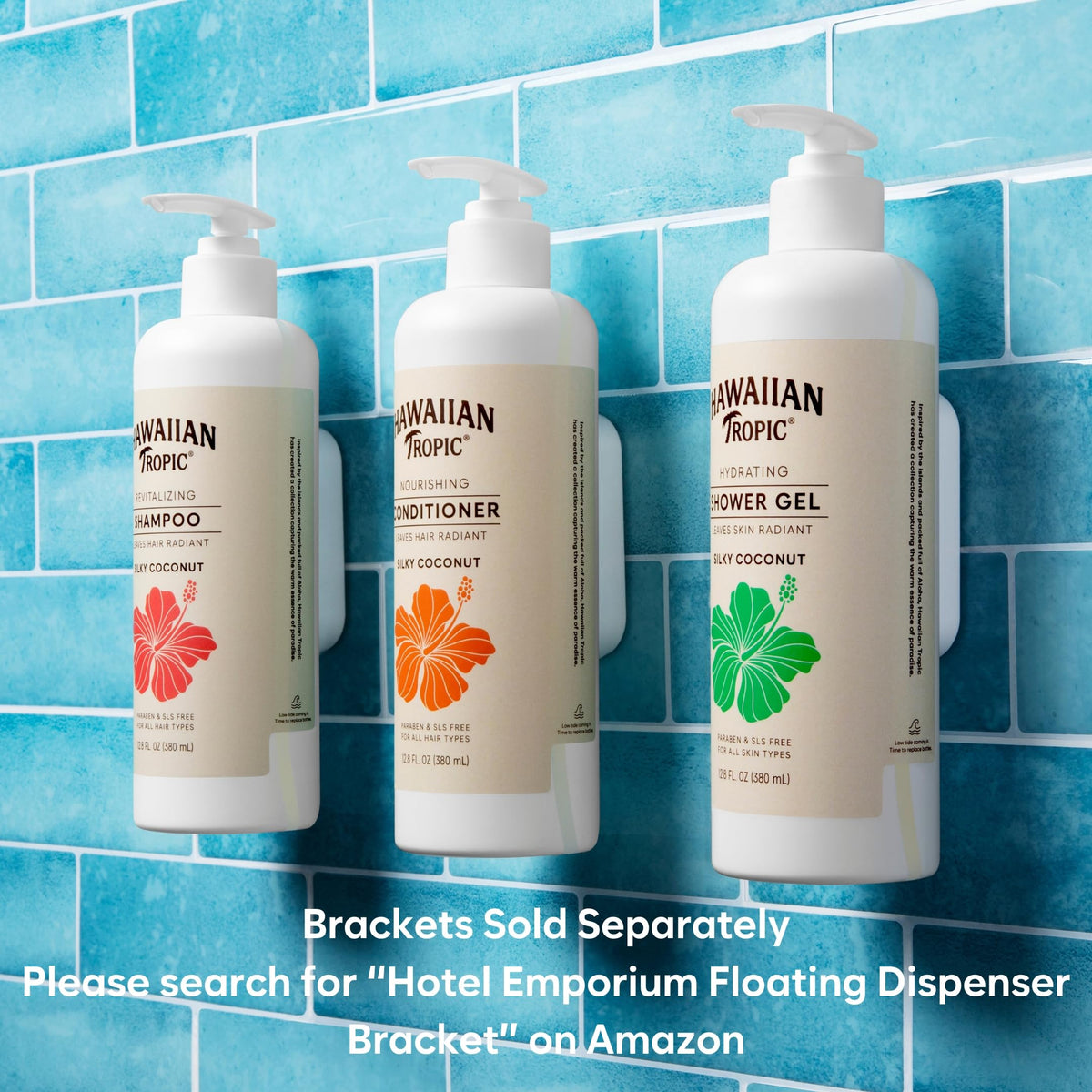 Hawaiian Tropic Silky Coconut shampoo bottle floating-mounted on shower wall.