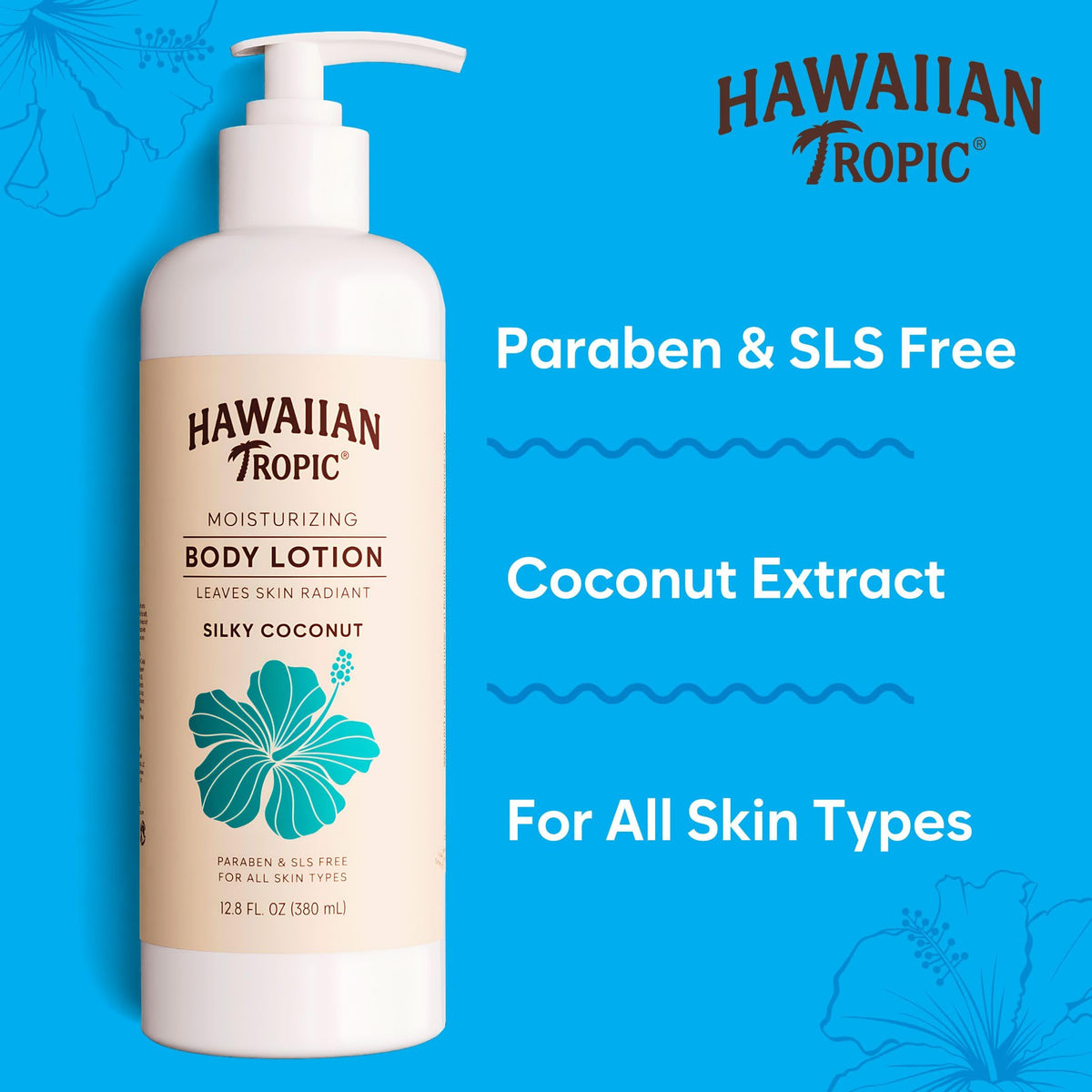 Hawaiian Tropic Silky Coconut shampoo bottle with magnetic back mounted on shower wall.