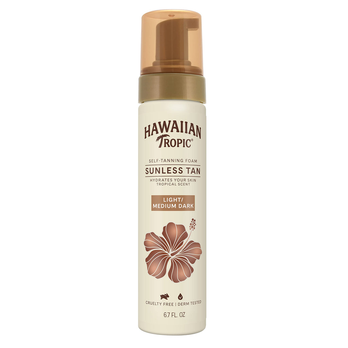 Hawaiian Tropic Sunless Tan Foam bottle, light-medium shade, for a streak-free glow.