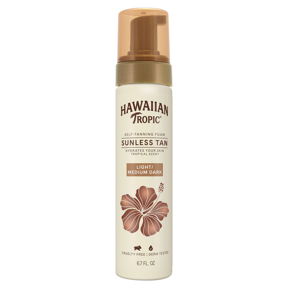 Hawaiian Tropic Sunless Tan Foam bottle, light-medium shade, for a streak-free glow.